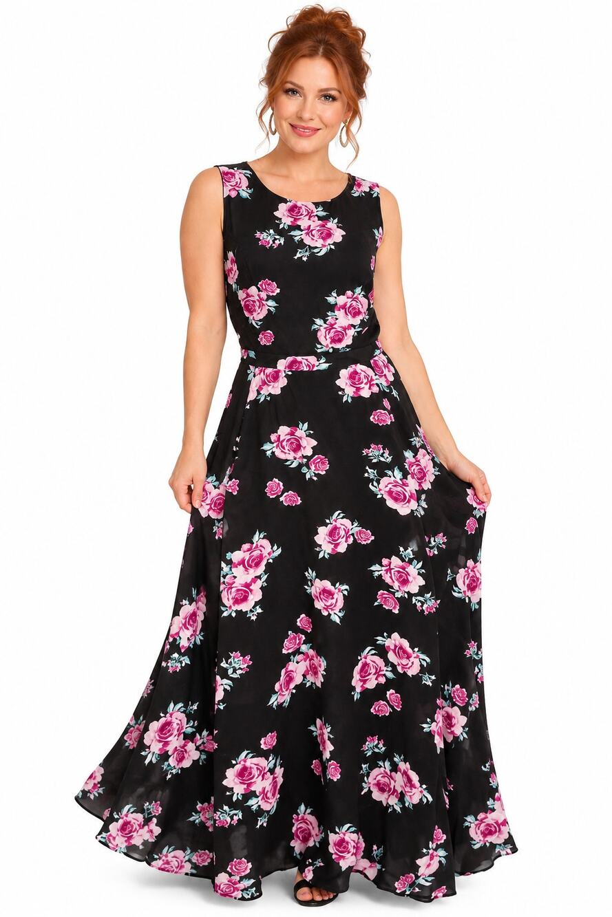 TORRID Black & Pink Floral Sleeveless Maxi Dress Flowy Wedding Large